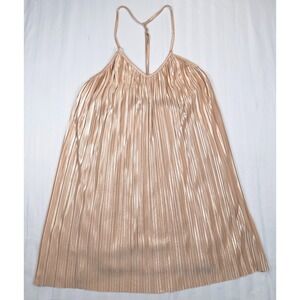 Stone Row Pleated Metallic Mini Dress Rose Gold Champagne T-Back Small